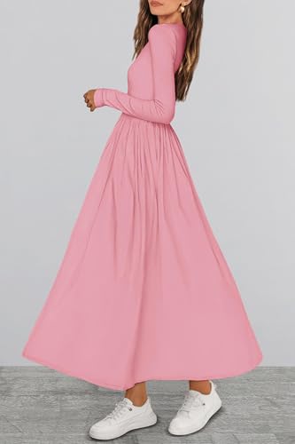 KIRUNDO Women Casual Long Sleeve Midi Dress 2026 Spring Wedding Guest Flowy Bohemian Modest Long Dresses with Pockets(Pink, X-Large) — view 3