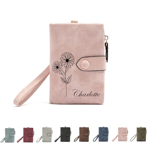 Graduation Gifts for Women Girls - Personalized Birth Month Flower Wallet - Pink Leather Wallet Mothers Day Birthday Gifts for Mom, Purse with Wrist Strap
