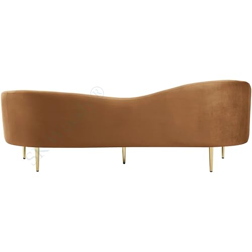 Image of Rosewood Luxury Curved Sofa in Premium Velvet-Fabric | Solid Wood Structure | High Density Foam | Sturdy Golden Legs | Comfortable & Stylish Couch for Modern Living Room (Saddle, 3 Seater)
