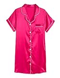 Hupohoi Girls Satin Pajamas Dress Button Down Silky Sleepwear Nightgown Short Sleeve Nightshirt Dresses, Rose, 12
