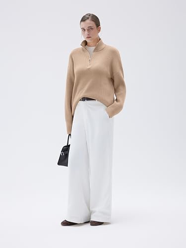 Image of SUUKSESS Women Cashmere Blend Oversized Quarter Zip Pullover Sweater Long Sleeve Collared Ribbed Knit Jumper Tops