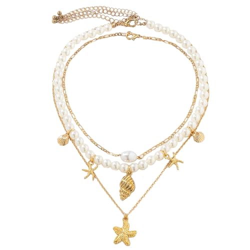 TAXTYHRE Muschelkette Damen, Perlen Geschichtete Halskette, Seestern...