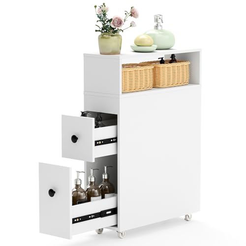 Tangkula Slim Bathroom Storage Cabinet, Movable Narrow Toilet Side Cabinet w/2 Slide Out Drawers, 2 Rattan Baskets & Shelves, Toilet Paper Holder on Wheels for Small Spaces