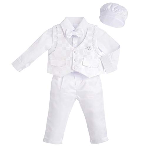 Dressy Daisy Baby Boys White Suit Christening Clothing Baptism Outfits with Bonnet Long Sleeve Check Size 12-18 Months