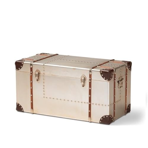 BOWERY HILL French Industrial Metal Storage Trunk, MDF Wood Construction, Silver Finish, Faux Leather Accents, Vintage Steamer Style, Spacious Storage, Indoor Use, Office or Living Room Decor