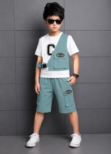 Image of Kids Boys 3-Piece Outfit Set | Half Sleeve T-Shirt, Utility Vest & Cargo Shorts with Cap | Stylish Casual Summer Clothing Set for Boys