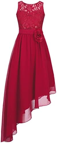 Hularka Kids Girls Sequin Lace Party Dress Sleeveless Junior Bridesmaid Dress Chiffon Hem Princess Dance Gown Burgundy 12 Years