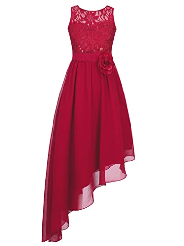 Hularka Kids Girls Sequin Lace Party Dress Sleeveless Junior Bridesmaid Dress Chiffon Hem Princess Dance Gown Burgundy 12 Years #TOP1