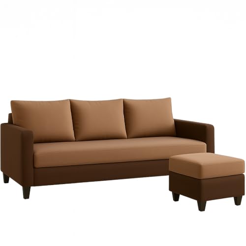 Image of FURNY Canvas Fabric 4 Seater L Shape Sofa Set 3 Seater Modern Sofa Set & Ottoman for Living Room (Dual Brown Color) | Durable Comfort | Modern Design | Ideal for Living Room