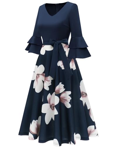 Image of DRESSTELLS Women's Cocktail Dress Summer Wedding Guest Party Vintage 3 /4 Bell Sleeve V Neck A-Line Dress