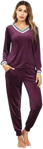 Irevial Women's Striped V Neck Velour Tracksuit Two Piece Sweatsu...