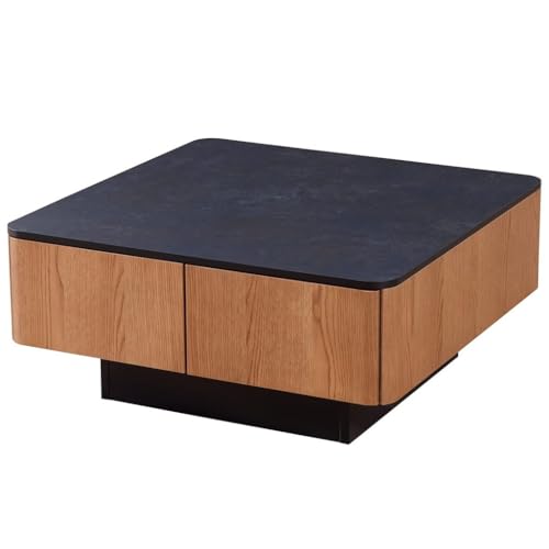 センターテーブル 天然木×ガラスの異なる素材が美しい ローテーブル リビングテーブル 木製 ガラス 正方形 収納 引き出し付き (ナチュラルA,長さ80cm)