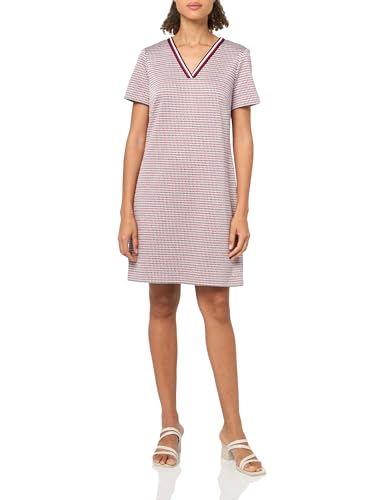 Tommy Hilfiger Women's Stripe Trim Short Sleeve V-Neck Shift Dress, Red Multi, 16