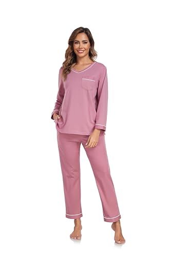Image of COLORFULLEAF 100% Cotton Pajama Set for Women Long Sleeve Sleepwear with Pants Soft Comfy Two-Piece Pjs with Pockets