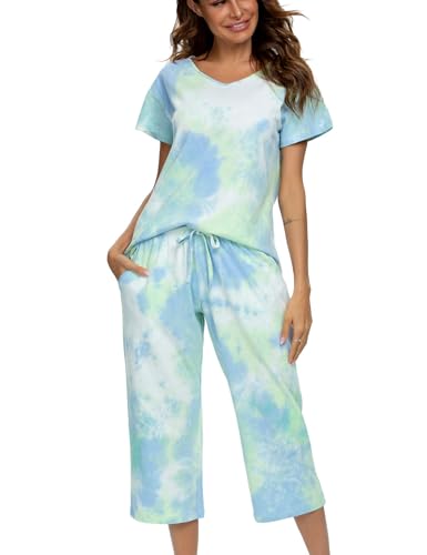 Image of ENJOYNIGHT Women Tie Dye Pajama Set Short Sleeve Top with Capri Pants Pjs