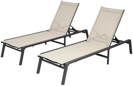 VEVOR Outdoor Chaise Lounge Chair Set of 2, 400 lbs Weight Capacity, Foldable Sun Tanning Chair, 5 Adjustable Positions, Easy Assembly, Aluminum Pool Recliner Lounge Chairs, for Beach Yard Patio