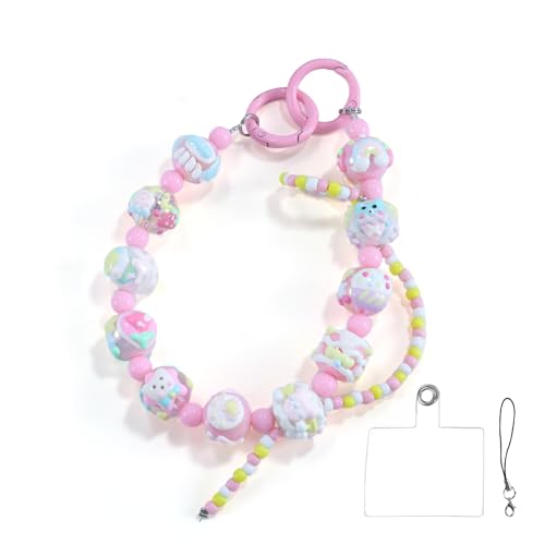 Phone Charm with 3D Handpainted Bead, Kawaii Hands-free Wrist Strap for Women Girl, Anti-lost Keychain, Cute Bag Charms Joyful Series- A Pink(1 pcs)