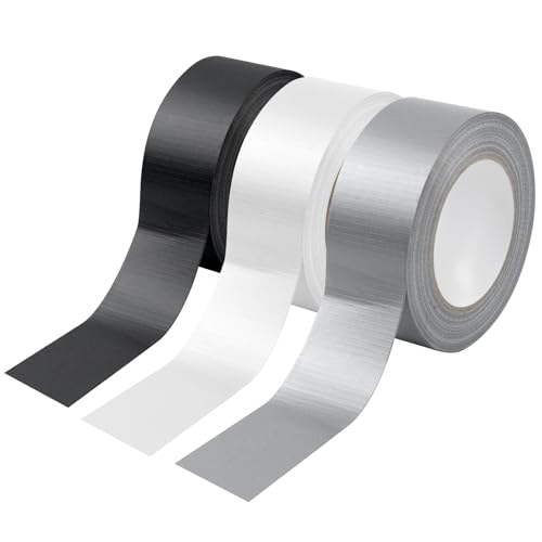 MISIQIMA 3 Rolle Panzertape Wasserfest, 4.8 cm × 50 m Gewebeklebeband, Panzerband Handreißbar, Gaffa Tape, Gewebeband für Reparaturen, Befestigung, Bündelung (Schwarz, Weiß, Grau)