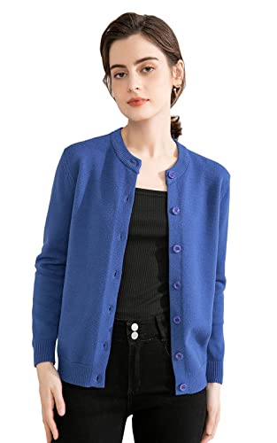 SMILING PINKER Damen Strickjacke Cardigan Basic Rundhalsausschnitt Strickmantel mit Knopf (Königsblau,XXL)