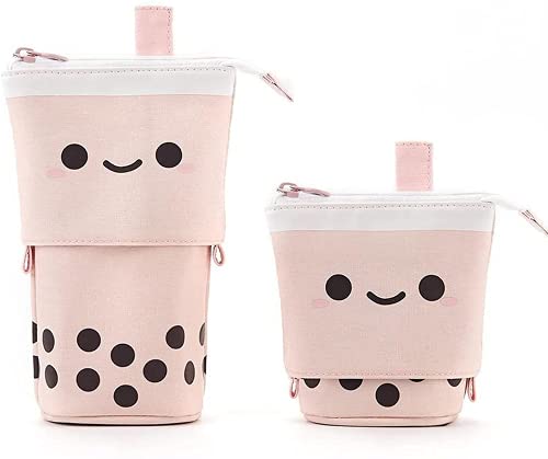 Jolie trousse à crayons Kawaii sur pied - Trousse de rangement avec visage souriant - Trousse de maquillage pour enfants, étudiants, adolescents (rose) Cover