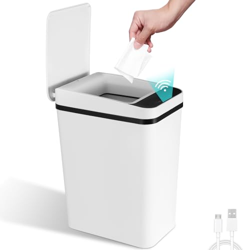 LIFEJXWEN Bote de Basura con Sensor Inteligente, 12L Cubo de Basura Automático Cubo para Cocina Sensor de Mano y Patada, Sin Ruido a Prueba de Humedad, Rectangular