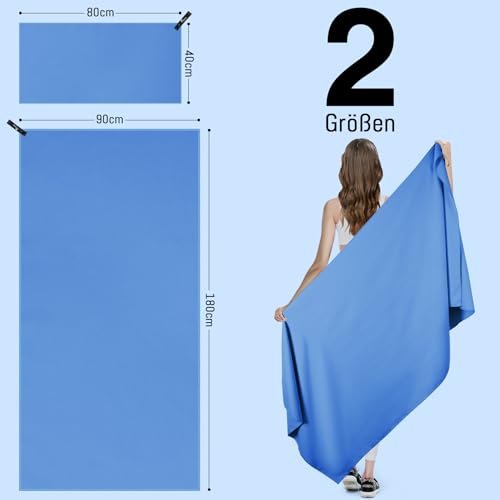 Jokisa Mikrofaser Handtuch 2er Set, 180X90cm Strandtuch Mikrofaser + 80X40cm Sporthandtuch, Schnelltrocknendes & Sandfrei Handtücher für Outdoor Sauna Strand Trekking (Hellblau)