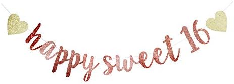 Happy Sweet 16 Banner, 16th Birthday Party Sign, Sweet Sixteen Party Supplies (Pink)