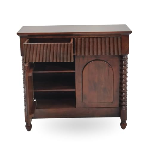 Image of Gharaana Kanak Wooden Console Table, Brown, with Spindle Legs and Arched Doors, 89 x 41 x 91 cm