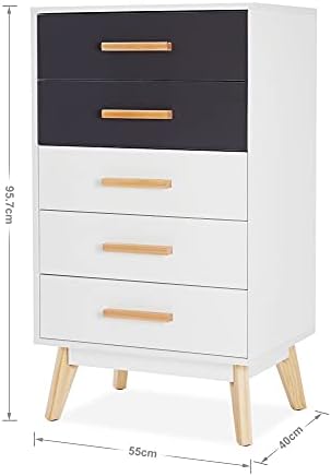 Meerveil Chest of Drawers, Storage Cabinet with 5 Drawers Free Combination of Colors Nordic Style for Bedroom Living Room, 55 x 40 x 96 cm, White and Grey