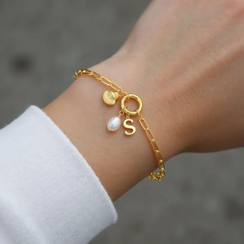 Charm Bracelets for Women - Gold Shell & Pearl Bracelets with Initial & Letter Charms2