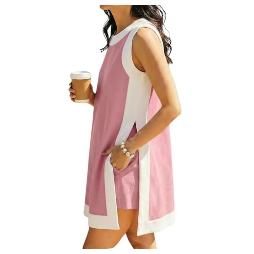 Hooever Women's 2 Piece Sets Casual Color Block Crewneck Short Sleeve Pullover Tops Matching Shorts with Pockets(Pink-M)
