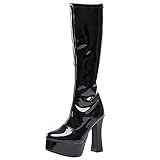 Unisex Herren Damen Schwarz Kniehohe Stiefel Chunky Heels Reißverschluss Booties Fetisch High Heel Sexy Stripper Party Club Pole Dance Schuhe Größe 36-46,Schwarz,46 EU