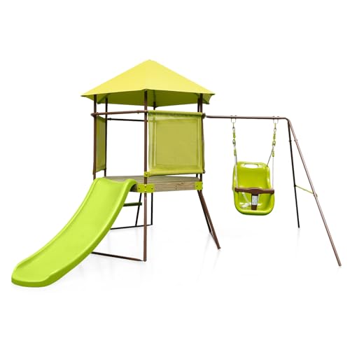 COSTWAY 4-in-1 Heavy Duty Metal Swing Frame with Baby Swing, Playhouse Fort, Climbing Ladder, Kids Outdoor Playset for Playground Garden
