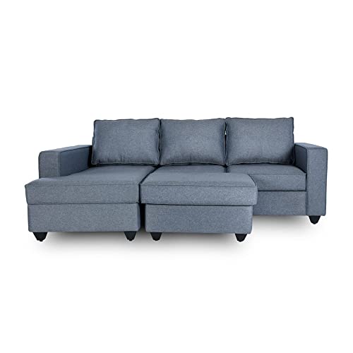 Image of Wakefit Sofa Set for Living Room | 3 Year Warranty | L Shape Sofa, Sofa Set, Wooden Sofa Set for Living Room, 2 Seater Sofa + Left Aligned Chaise + Ottoman - Napper (Fabric, Omega Blue)