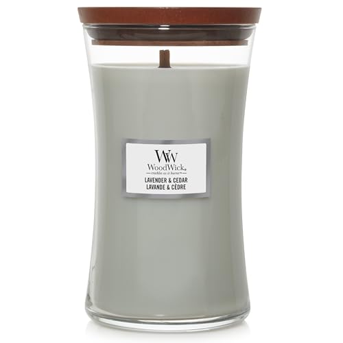 WoodWick große Duftkerze im Sanduhrglas mit knisterndem Docht | Lavender & Cedar | Brenndauer bis zu 130 Stunden