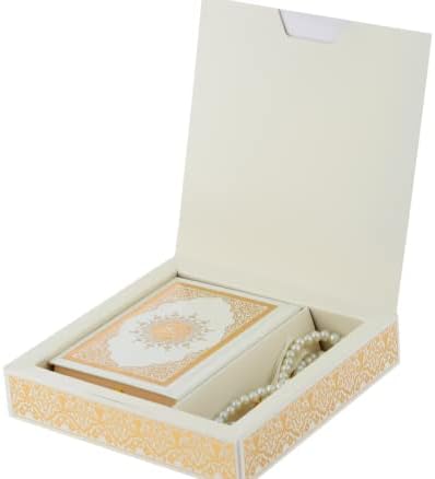 Prien Muslim Gifts for Eid, Gilt Covered Gift Box, Silvered Quran Gifts for Ramadan Mosque, Pearl Prayer Beads, Islamic Presents Women, Portable Boxes, Mawlid Gift Set for Birthday, Wedding, Umrah, Special Day (Cream)