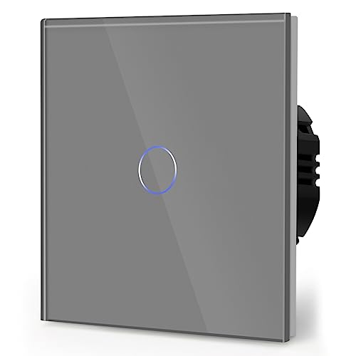 BSEED Touch Light Switch Glass Panel Cross Switchable Non-WiFi 1 Gang 2 Way LED Lamp Compitable Tempered Touch Screen 240V Wall Light Switch Gray