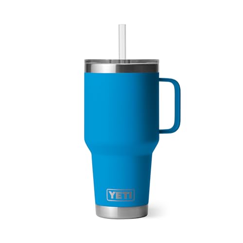 Image of YETI Rambler 35 oz Tumbler with Handle and Straw Lid, Travel Mug Water Tumbler, Vacuum Insulated Cup with Handle, Stainless Steel, Big Wave Blue