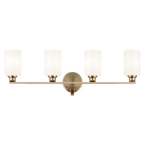 Image of Kichler Gioe 4-Light Vanity Light Fixture with Opal Glass in Champagne Bronze, Wall Mounted Bathroom Light for Mirror, Damp Rated (32.25 inch x 10.5 inch x 6.75 inch), 55227CPZ
