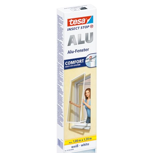 tesa® Insect Stop ALU COMFORT Fly Screen for Windows - Insect Screen With Aluminium Frame - Fly Net Without Drilling - White, 100 cm x 120 cm