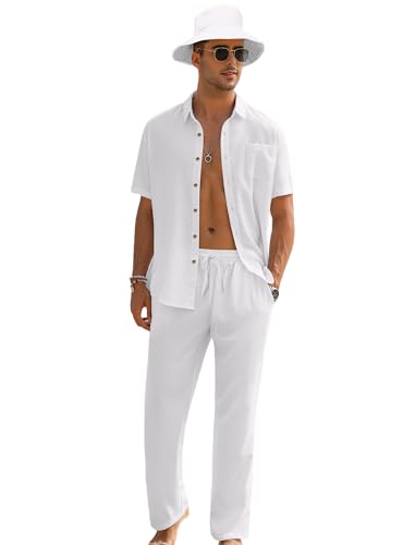 EISHOPEER Mens Cotton Linen Outfit Beach Long Sleeve Button Down Shirts and Loose Pants Vacation Casual Beach Sets White Small