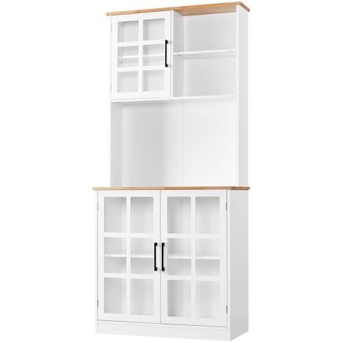 Yaheetech Buffet Haut de Cuisine Vaisselier Cuisine Armoire de Cuisine Meuble Salle à Manger avec Portes en Verre avec Étagère Réglable 80 × 37 × 183 cm...