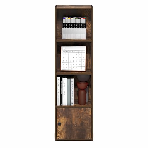 Image of Furinno LUDER Book Shelf, 4-Tier Bookshelf with Open Shelf, Standing Bookcase with 1 Door Cabinet, 9.3 x 12 x 41.8, for Organization and Storage, for Living Room, Bedroom, Home Office, Amber Pine