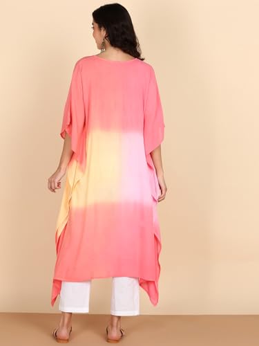Image of Maaesa Women Handcrafted Tie & Dye Rayon Crepe Kaftan Dress | Casual Wear | Flowy Kaftan Style | Lightweight & Breathable Fabric