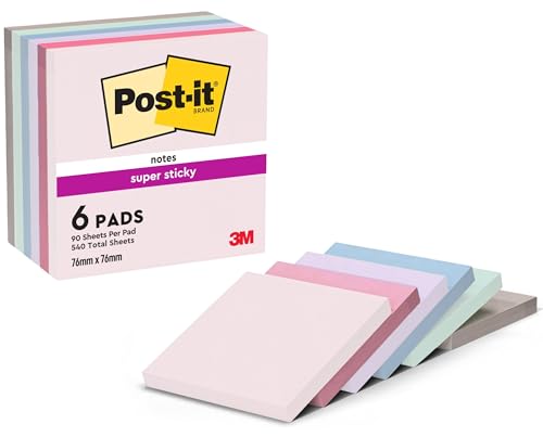 Post-it Super Sticky Notes, Double The Sticking Power, 6 Pads, 540 Sheets, 76 mm x 76 mm, Blue, Green, Grey, Pink, Purple Colors - Self-Sticking Notes for Walls, Monitors and Fridge