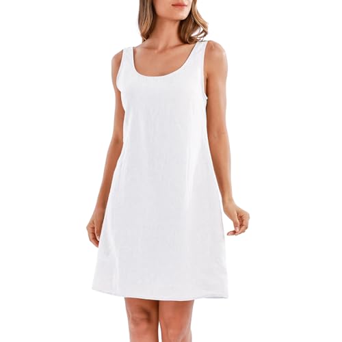 Amazhiyu Leinenkleid Damen, Ärmellos Midikleid Sommerkleid Leinen Kleider Sommer A Linien Strandkleid Knielang Rundhals Freizeit Tank Kleid, Weiß,...
