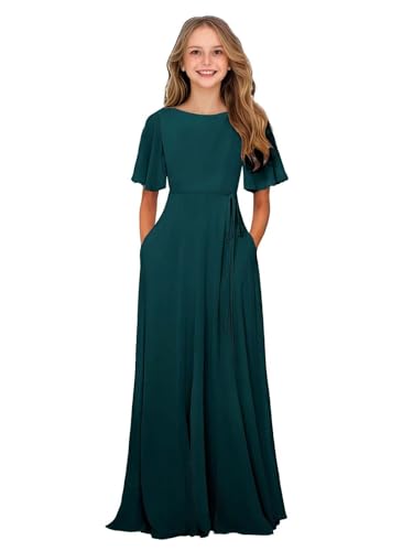 Chiffon Bridesmaid Dress for Juniors Short Sleeves Junior Dresses for Teen Girls with Pockets Girls Formal Dress