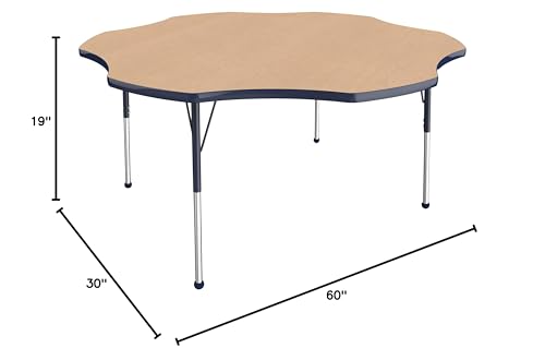 Image of FDP Flower Activity School and Office Table (60 inch), Standard Legs with Ball Glides for Collaborative Seating Environments, Adjustable Height 19-30 inches - Maple Top and Navy Edge