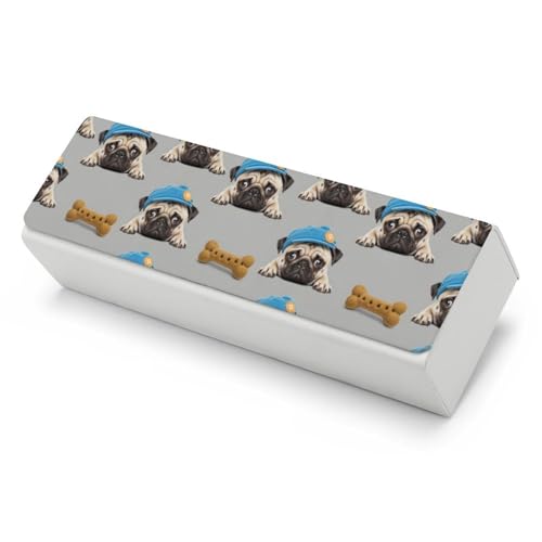 ACCXECTGGV Fashionable Leather Eyeglass Case Cute Hat Pug Dog Protective Glasses Case for Reading Glasses Pouch Sunglasses Holder