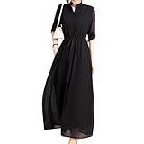 [Collecala] ワンピース 初秋服 レディース 長袖シフォン 無地 プルオン軽いモックネック プルオンシャツワンピース ウエスト紐絞り ストレートワンピースふんわりマキシ 大人ガーリー ポケットつき 袖ロールUP 出勤服